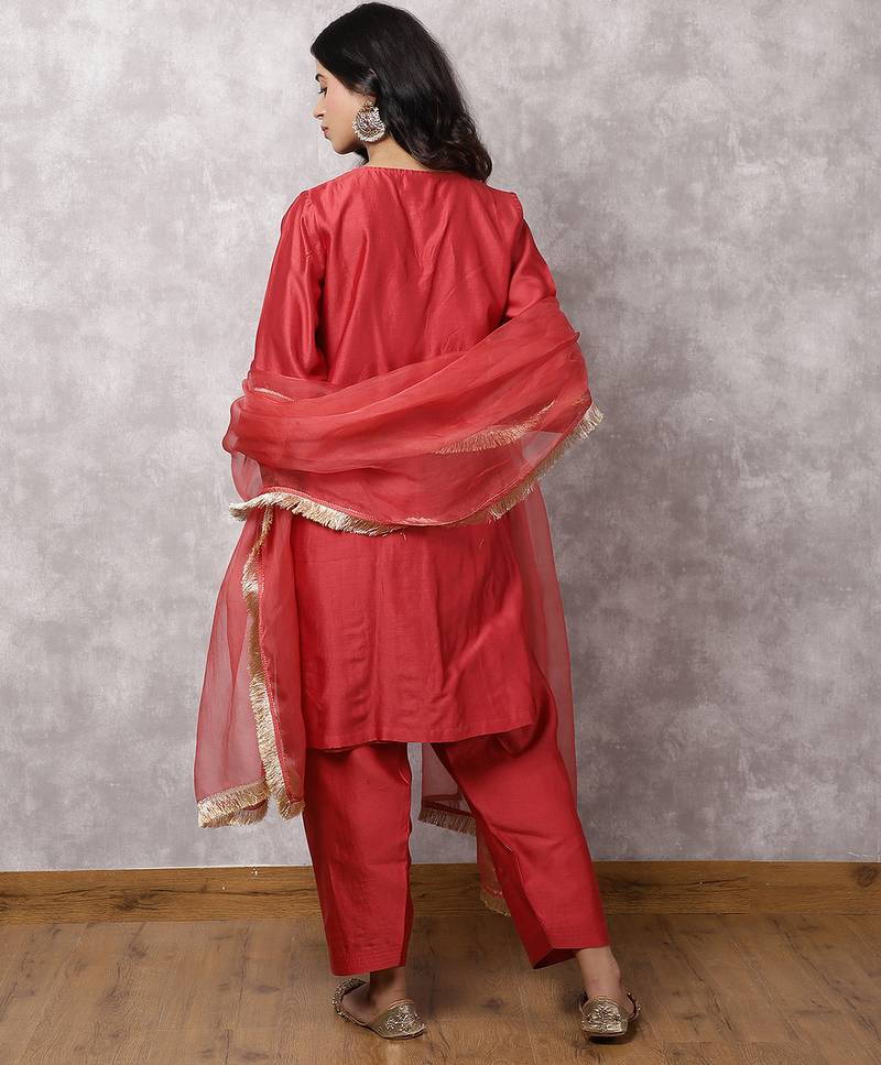Coral silk blend chanderi hand embroidered suit set with dupatta
