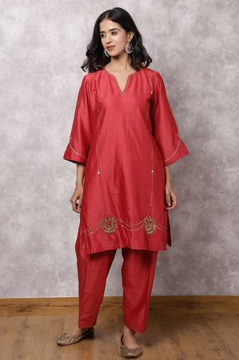 Coral silk blend chanderi hand embroidered suit set with salwar