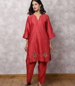 Coral silk blend chanderi hand embroidered suit set with salwar