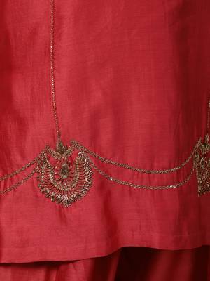 Coral silk blend chanderi hand embroidered suit set with salwar 3