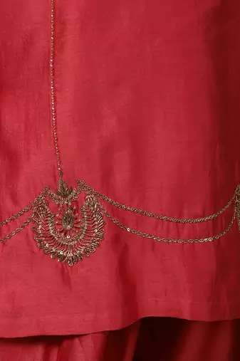 Coral silk blend chanderi hand embroidered suit set with salwar
