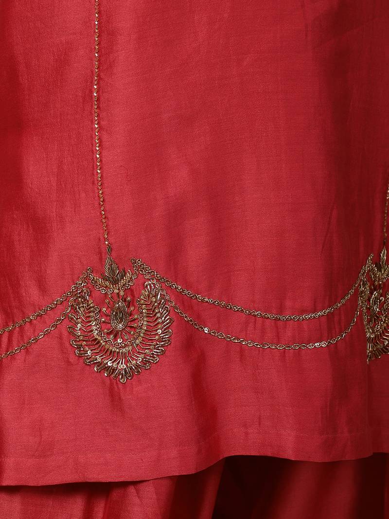 Coral silk blend chanderi hand embroidered suit set with salwar