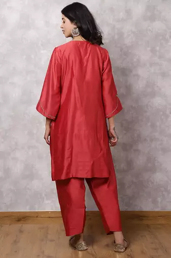 Coral silk blend chanderi hand embroidered suit set with salwar