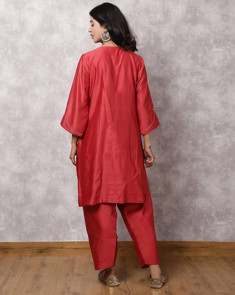 Coral silk blend chanderi hand embroidered suit set with salwar