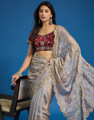 Grey tissue satin embroidered saree with unstitched blouse piece. 2