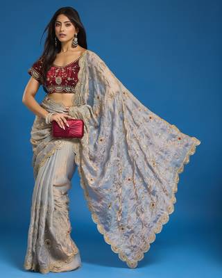 Grey tissue satin embroidered saree with unstitched blouse piece. 1