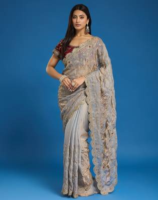 Grey tissue satin embroidered saree with unstitched blouse piece. 3