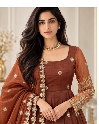 brown color thread and sequnce silk blend anarkali style salwar kameez set 2