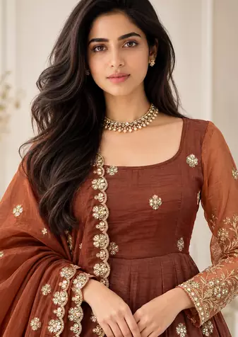 brown color thread and sequnce silk blend anarkali style salwar kameez set