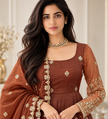 brown color thread and sequnce silk blend anarkali style salwar kameez set