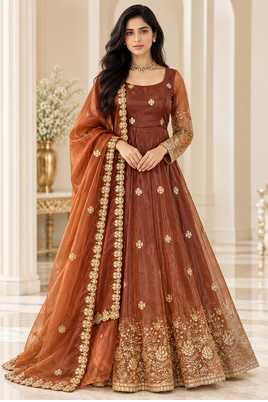 brown color thread and sequnce silk blend anarkali style salwar kameez set 1
