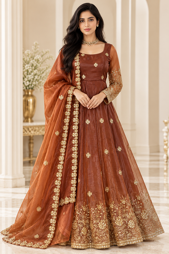 brown color thread and sequnce silk blend anarkali style salwar kameez set