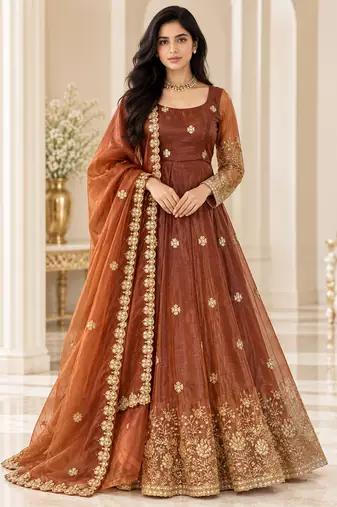 brown color thread and sequnce silk blend anarkali style salwar kameez set