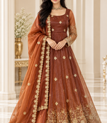 brown color thread and sequnce silk blend anarkali style salwar kameez set