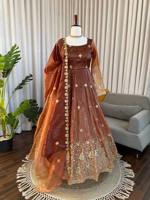 brown color thread and sequnce silk blend anarkali style salwar kameez set 3