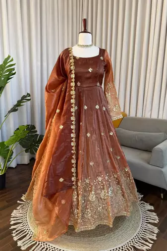 brown color thread and sequnce silk blend anarkali style salwar kameez set