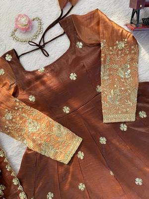 brown color thread and sequnce silk blend anarkali style salwar kameez set 4