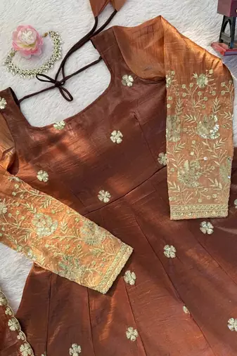 brown color thread and sequnce silk blend anarkali style salwar kameez set