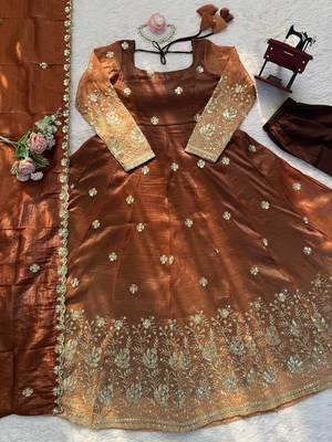 brown color thread and sequnce silk blend anarkali style salwar kameez set 5
