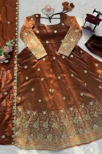 brown color thread and sequnce silk blend anarkali style salwar kameez set