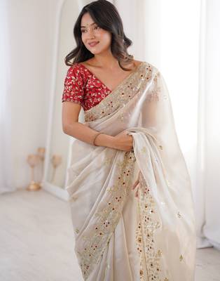 Beige tissue satin embroidered saree with unstitched blouse piece. 2