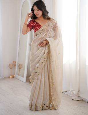 Beige tissue satin embroidered saree with unstitched blouse piece. 4