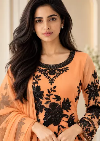 peach color thread and sequnce  faux georgette salwar kameez set