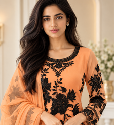 peach color thread and sequnce  faux georgette salwar kameez set