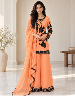 peach color thread and sequnce  faux georgette salwar kameez set 1