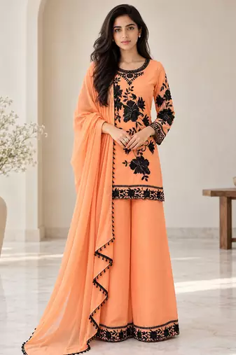 peach color thread and sequnce  faux georgette salwar kameez set