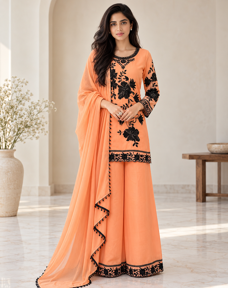 peach color thread and sequnce  faux georgette salwar kameez set