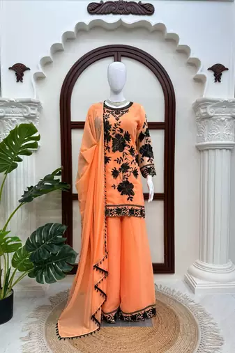 peach color thread and sequnce  faux georgette salwar kameez set