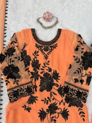 peach color thread and sequnce  faux georgette salwar kameez set 4