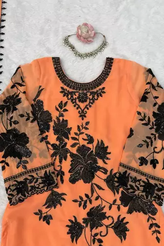 peach color thread and sequnce  faux georgette salwar kameez set