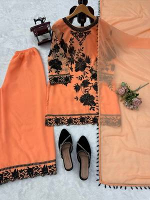 peach color thread and sequnce  faux georgette salwar kameez set 5