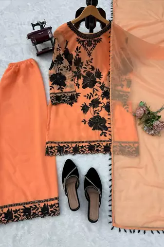 peach color thread and sequnce  faux georgette salwar kameez set