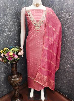 Chanderi butti embroidered unstitched suit with heavy santoon bottom and chanderi jacquard dupatta 2