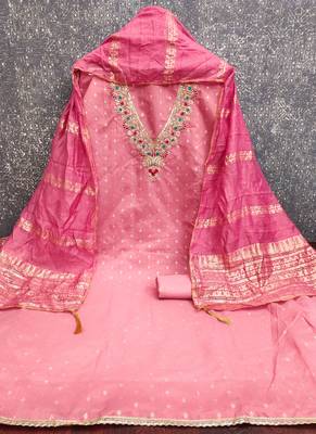 Chanderi butti embroidered unstitched suit with heavy santoon bottom and chanderi jacquard dupatta 3