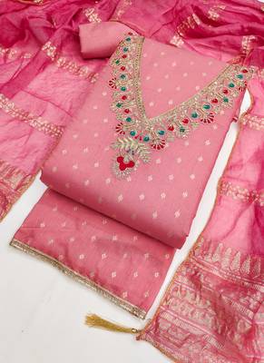 Chanderi butti embroidered unstitched suit with heavy santoon bottom and chanderi jacquard dupatta 4