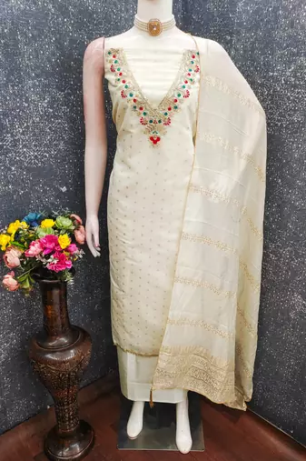 Chanderi butti embroidered unstitched suit with heavy santoon bottom and chanderi jacquard dupatta