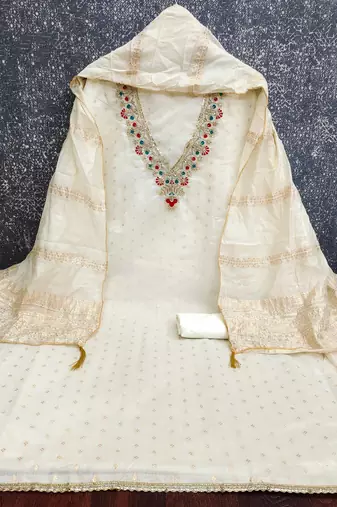 Chanderi butti embroidered unstitched suit with heavy santoon bottom and chanderi jacquard dupatta
