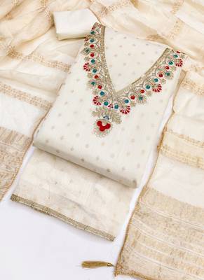 Chanderi butti embroidered unstitched suit with heavy santoon bottom and chanderi jacquard dupatta 4