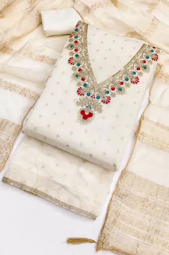 Chanderi butti embroidered unstitched suit with heavy santoon bottom and chanderi jacquard dupatta