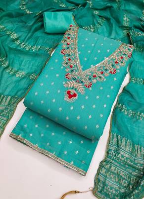 Chanderi butti embroidered unstitched suit with heavy santoon bottom and chanderi jacquard dupatta 4