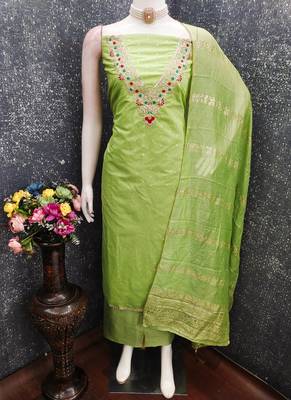 Chanderi butti embroidered unstitched suit with heavy santoon bottom and chanderi jacquard dupatta 2