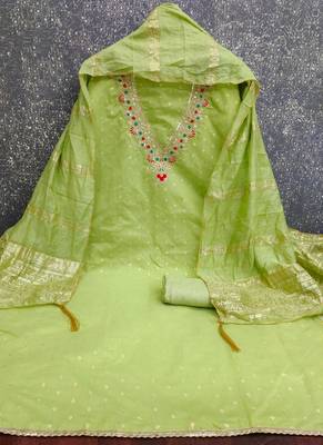 Chanderi butti embroidered unstitched suit with heavy santoon bottom and chanderi jacquard dupatta 3