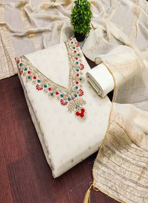 Chanderi butti embroidered unstitched suit with heavy santoon bottom and chanderi jacquard dupatta 5