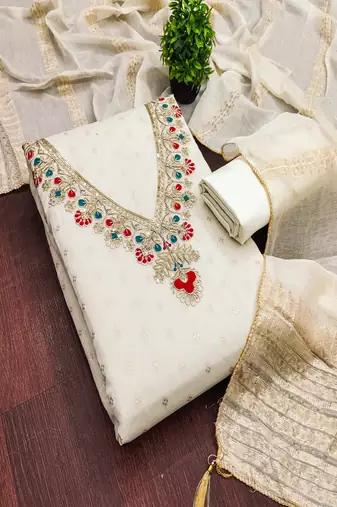 Chanderi butti embroidered unstitched suit with heavy santoon bottom and chanderi jacquard dupatta