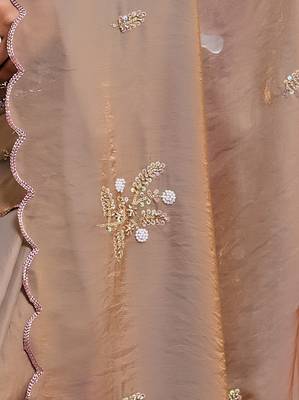 Beige tissue satin embellished saree with unstitched blouse piece. 3