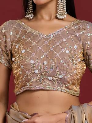 Beige tissue satin embellished saree with unstitched blouse piece. 4